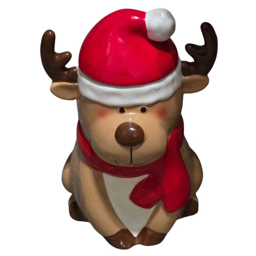 Festive Reindeer Cookie Jar with Santa Hat